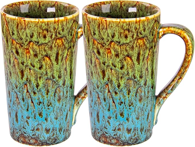20oz Porcelain Coffee Mugs Set of 2, Large Tall Coffee Mugs with Handles, Modern Ceramic Coffee Cups for Coffee, Tea, Cocoa, Milk, Gifts for Women Men - Green & Blue