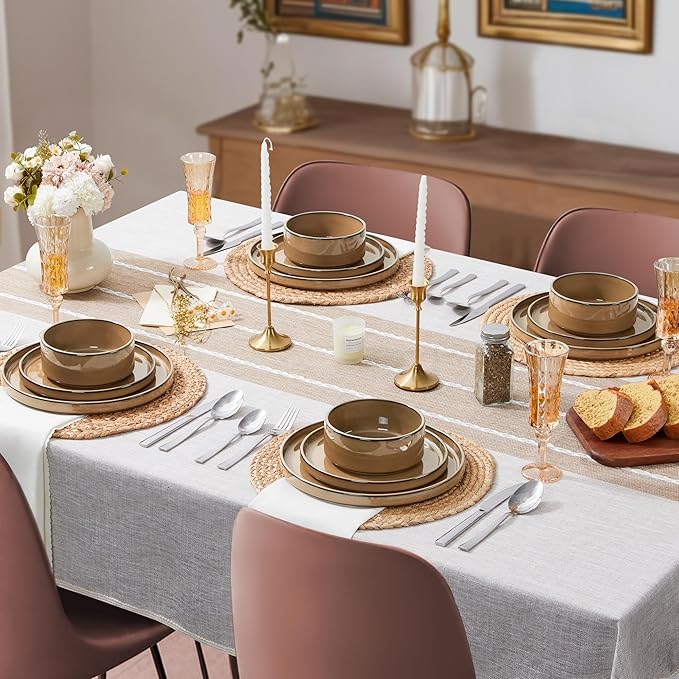 LIANYU Dinnerware Plates and Bowls Sets for 4, 12 Piece Modern Stoneware Dishes Set, Elegant Ceramic Dining Dishware for Dinner, Rustic Terracotta Bottom, Microwave & Dishwasher Safe, Amber Gold