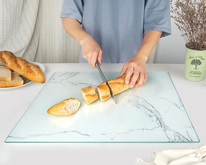 Glass Cutting Board 20”x16”: Tempered Glass Kitchen Counter Protector - Durable- Scratch-Resistant, Heat-Proof - Design 2 - White Marble Effect