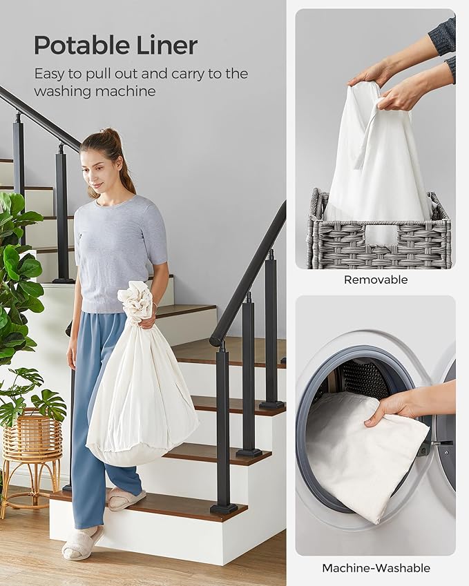 SONGMICS Laundry Hamper with Lid, 37 Gallons (140 L), Rolling Laundry Basket with Wheels, 3-Section Synthetic Rattan, Removable Liner, Bedroom, 26 x 13 x 26 Inches, Gray ULCB363G01