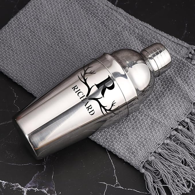 Personalized Cocktail Shaker 24oz - Custom Stainless Steel Bar Kit with Engraved Name, Built-in Strainer & Measuring Jigger & Spoon, Gift for Bartenders & Cocktail Lovers (Antler Design)