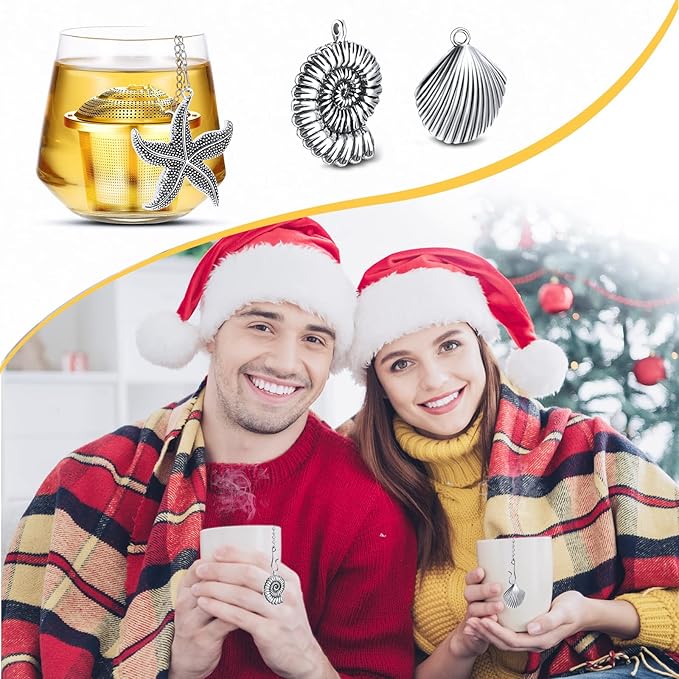 3 Sets Tea Infusers Steeper for Loose Leaf Tea Holder Stainless Steel Tea Ball Mesh Strainer Filters with Drip Trays and Pendant(Ocean Style)