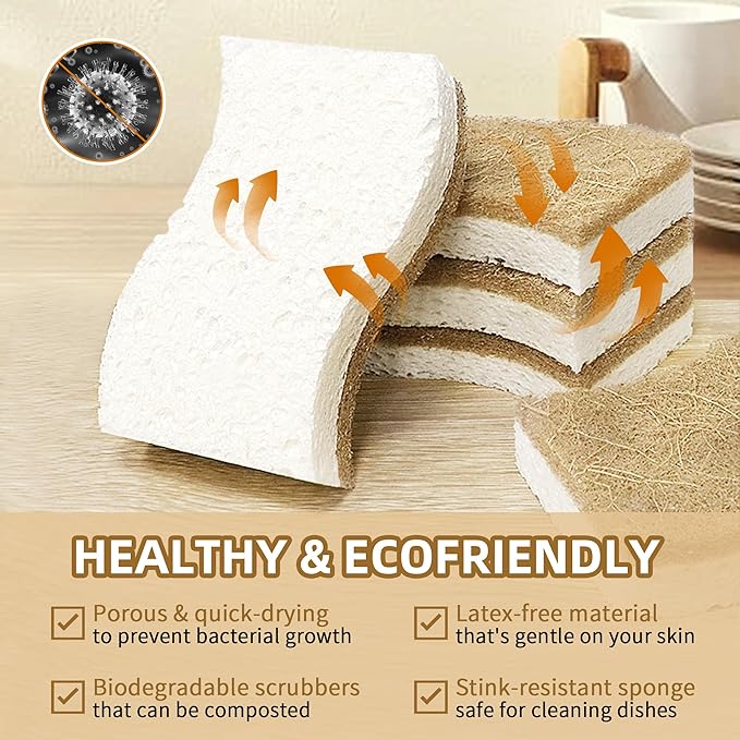 12 Pack Non Scratch S-Shaped Natural Kitchen Sponges - Biodegradable & Compostable Cellulose with Coconut Fiber - Eco Friendly Dish Sponges for Pots, Pans & Household Cleaning