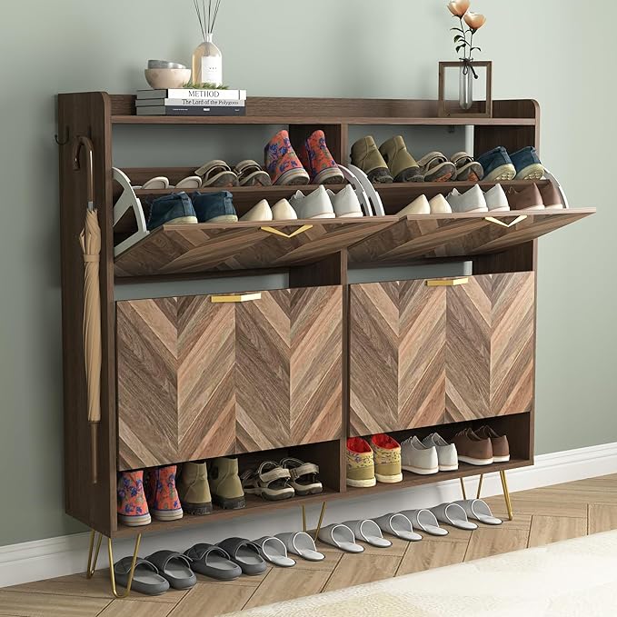 Vibe & Dine 4 Flip Drawer Shoe Cabinet, Mid Century Modern Shoe Organizer with Bottom Cubby, Hidden Shoe Cabinet with 2 Hooks, Freestanding Narrow Slim Shoe Rack Cabinet for Entryway, Foyer, Hallway