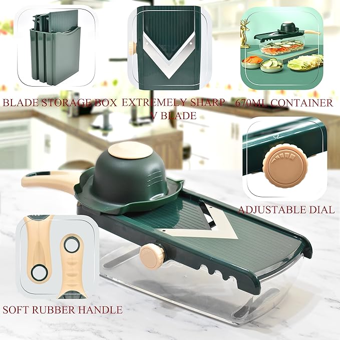 Adjustable Mandoline Slicer for Kitchen - Ultra Sharp V-Blade with Container, Julienning Slicer for Potatoes, Apples, Onions, Tomatoes