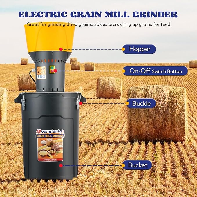 Moongiantgo 15.8Gal Grain Mill Grinder Electric Corn Grinder 1300W Feed Mill for Dry Cereals with 7 Sieves + 1 Socket Wrench + 1 Cloth Bag + 1 Shovel, Detachable 60L Bucket & Hopper, Molino de Maiz
