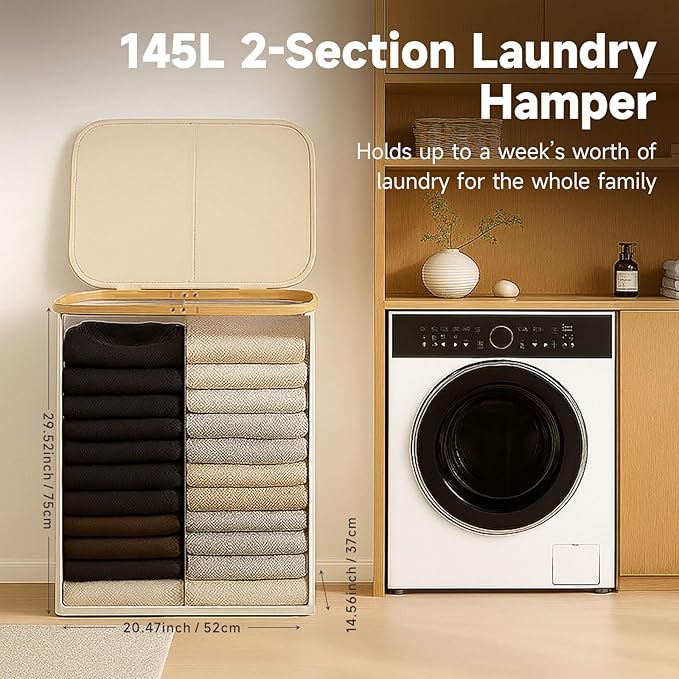 145L Double Laundry Basket with Lid, 2 Section Dirty Clothes Hamper with 2 Removable Bags for Bedroom, Bathroom, Dorm, Beige