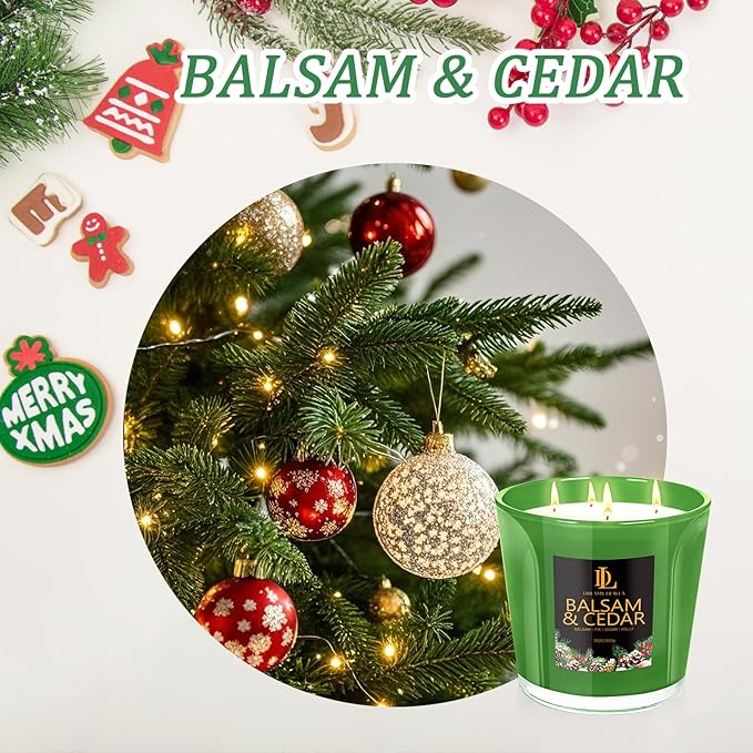 Large Christmas Candle Balsam & Cedar Scented, 4 Wick Natural Soy Candles for Home Scented, 30oz Big Holiday Candle Long Lasting, Aromatherapy Candles Christmas Gifts for Women Men