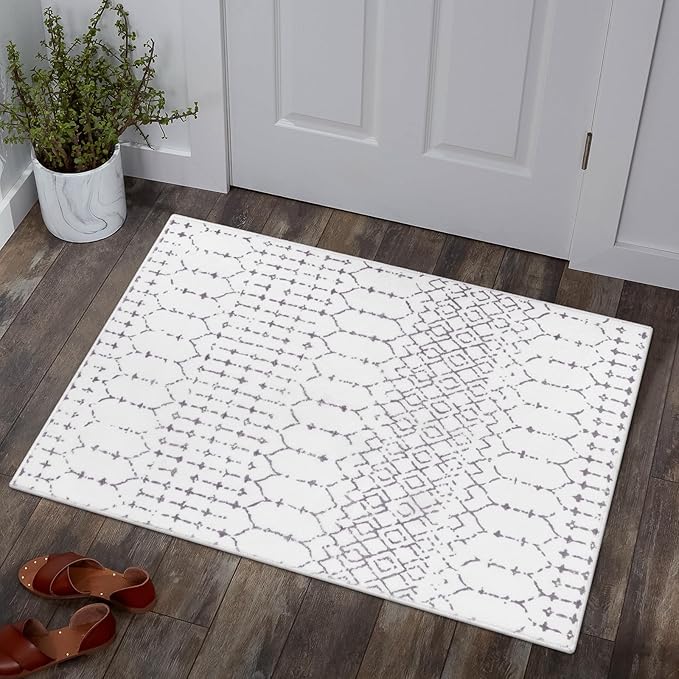 Lahome Moroccan Door Rugs for Entryway Indoor 2x3 Non-Slip Washable Front Door Mat Stain Resistant Untra-Thin Grey White Small Kitchen Rug, Geometric Inside Door Mats for Home Entrance Bathroom Sink