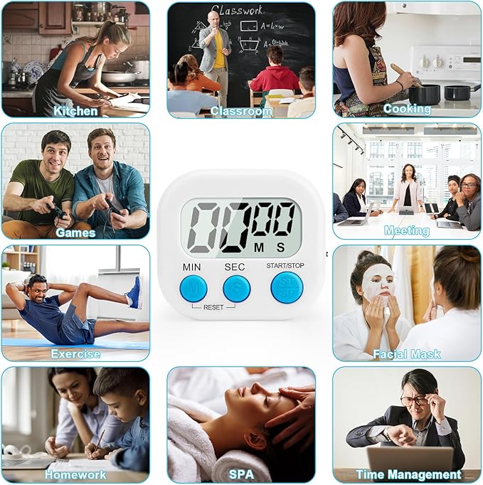 6 Pack Digital Kitchen Timer Multi-Function Magnetic Timers Classroom Timer for Kids Loud Alarm Big LCD Display Electronic Count Up Countdown Timers for Cooking, Classroom, Exercise, Meeting, White