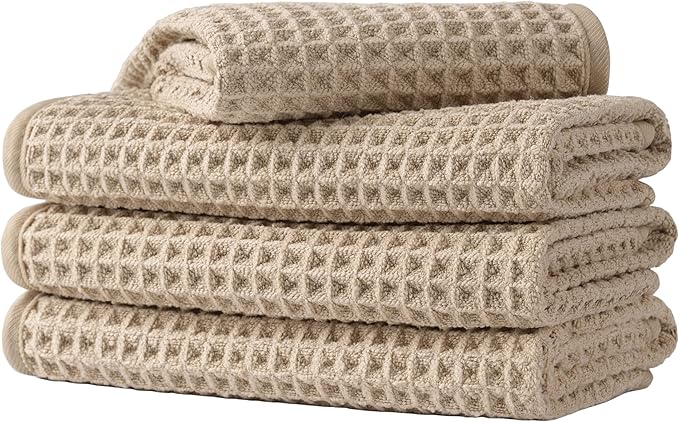 Microfiber Waffle Face Towels, 4 Pieces, Soft, Absorbent, Fast Drying, Lint Free (Beige)