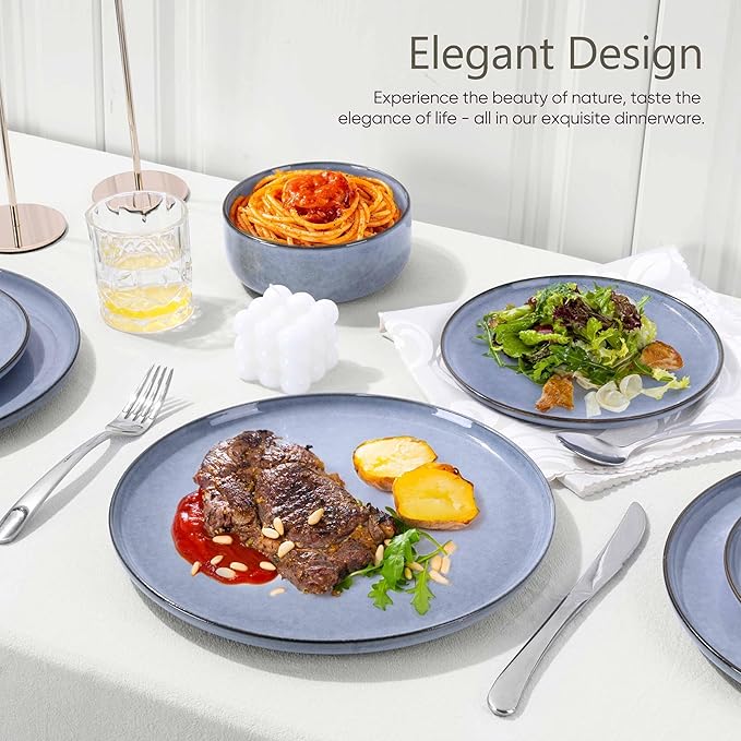 Herogo 12 Pieces Stoneware Dinnerware Sets Service for 4, Dinner Plates and Bowls Sets, Double Reactive Glaze Dishes Set for Kitchen, Scratch Resistant, Microwave & Dishwasher Safe, Haze Blue