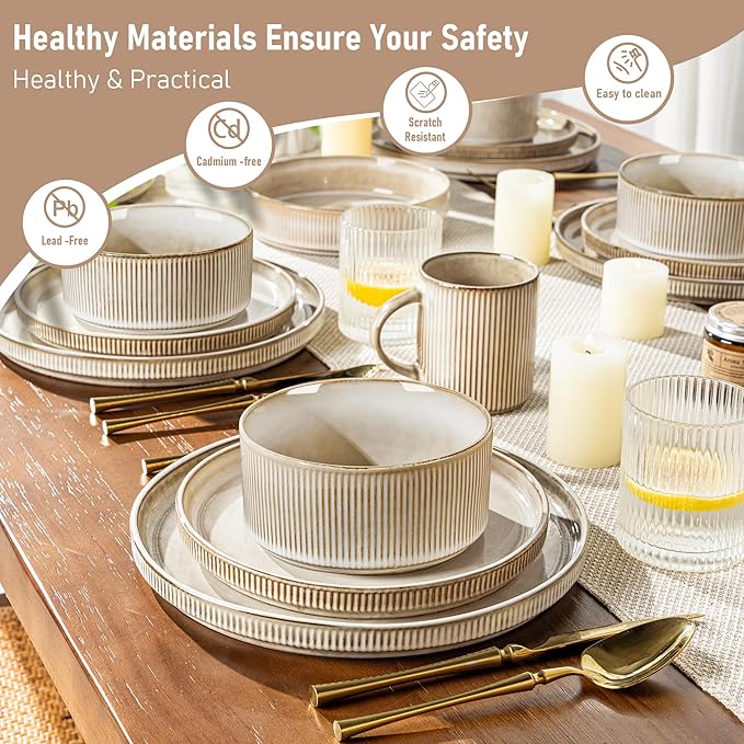 GBHOME Stoneware Dinnerware Sets for 4,Round Reactive Glaze Ceramic Plates and Bowls Set,Highly Scratch Resistant | Dishwasher & Microwave Safe Dishes Set,Service for 4(12Pcs)，Cappuccino