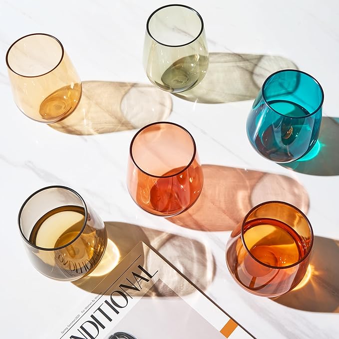 Khen European Style Shatterproof Tritan Stemless Wine Glasses, Acrylic Glass Drinkware, Unbreakable Colored, 6 - Set - BPA-free plastic, Reusable, Dishwasher Safe, All Purpose Glassware 15oz - (Muted)