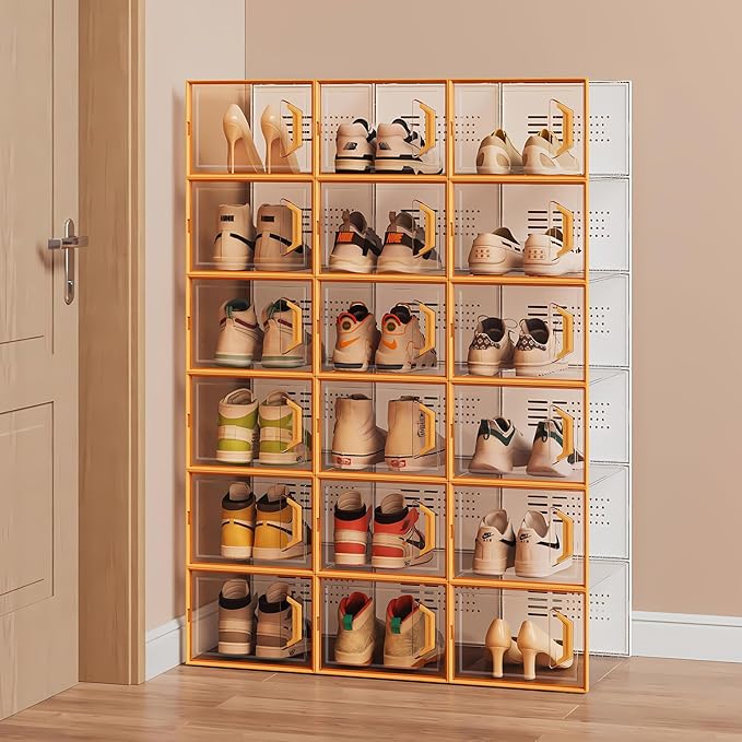 Foldable Shoe Rack Organizer for Closet, 18 Pack Stackable Shoe Storage Cabinet with Clear Door, Collapsible Shoe Organizer Box Display with Stackable System for Entryway