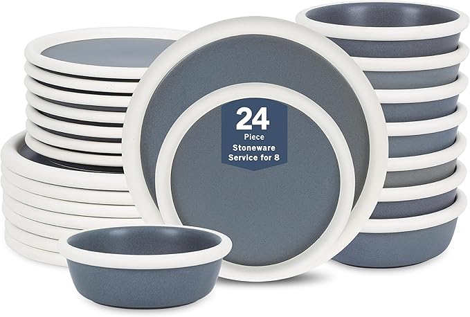 Stone Lain Capri 24-Piece Dinnerware Set Stoneware, Plates and Bowls Set, Microwave and Dishwasher Safe, Dish Set for 8, Grey