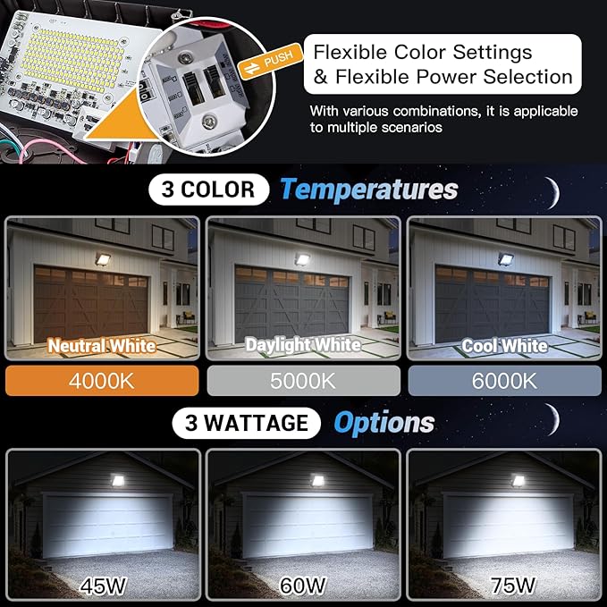 JTT LED Wall Pack Lights Outdoor with Dusk to Dawn Photocell, Selectable 75W/60W/45W, 9750LM/7800LM/5850LM, 6000K/5000K/4000K,Waterproof Flood Security Wall Pack Lighting for Garage Yard Parking Lot
