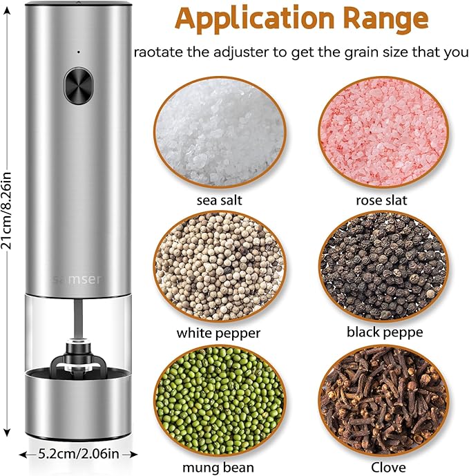 Stainless Steel Electric Pepper Grinder & Salt Mill Set - Battery Operated One-Hand Operation Adjustable Coarseness LED Light Transparent Container Easy Refill & Clean Push-Button Switch (2 Pack)