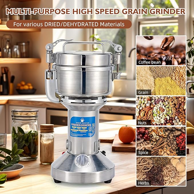 MAGIC MASTER 300g Grain Mill Grinder Electric,High Speed 1500W Commercial Safety Stainless Steel Dry Spice Grinder Machine For Flour Wheat Nut Corn Rice Pepper Herbs Coffee Beans,Upright,110V