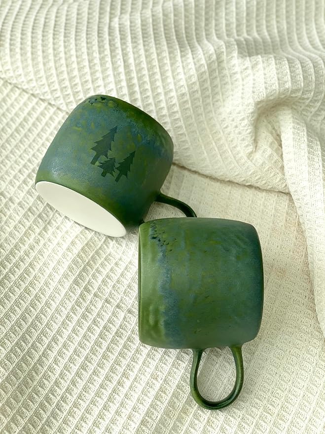 Medium Ceramic Coffee Mug Set of 2, 12 Oz, Stoneware Tea Cup for Office and Home, Dishwasher and Microwave Safe (Forest Green with Three Laser-engraved trees, 2) (Art Deco)