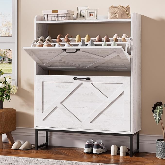 Nicetree Shoe Storage Cabinet with 2 Flip Drawers, Freestanding Shoe Organizer, Shoe Cabinet with Metal Legs, Narrow Shoe Rack Cabinet, Farmhouse Slim Shoe Cabinet for Entryway, Foyer, Hallway, White