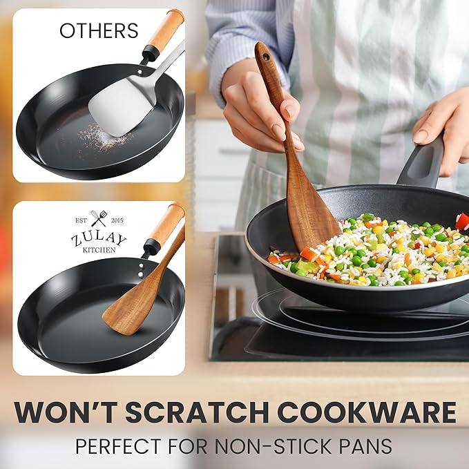 Zulay Kitchen Teak Wood Utensil Set – 2 Piece Large Wooden Cooking Spoon and Slotted Turner, Handcrafted Natural Teak Wood Kitchen Utensils, Durable, Nonstick Safe & Smooth Finish