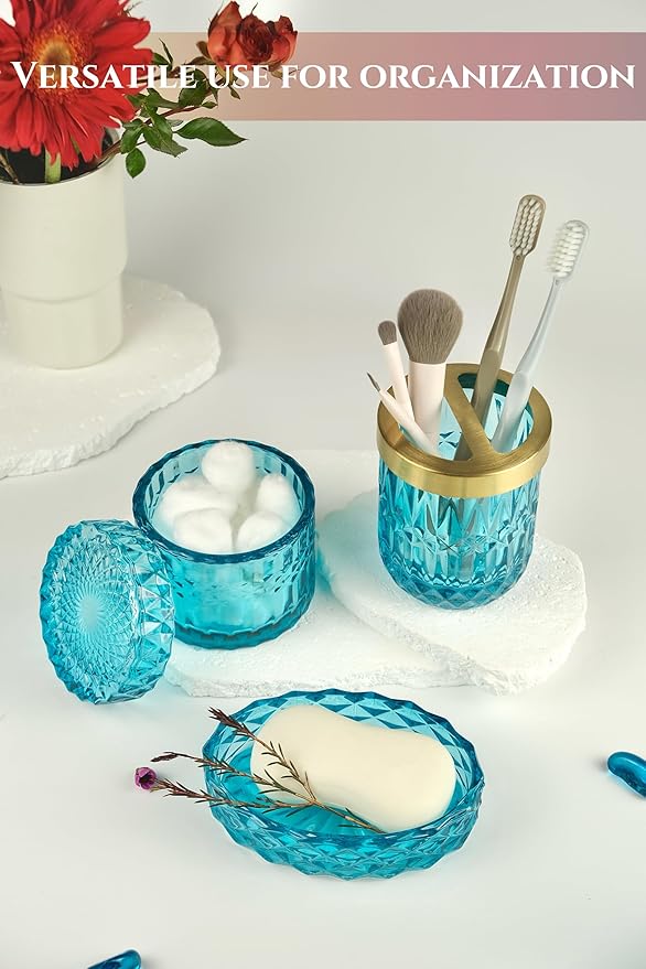 Teal Blue Bathroom Accessories Set, 5Pcs Clear Glass Bathroom Accessories, Hand Soap Dispenser Set, Soap Dish, Toothbrush Holder, Tumbler, Qtip Holder for Crystal Vantage Bathroom Decor