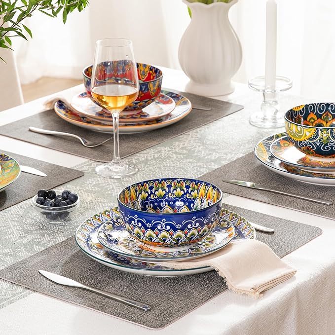 Sweejar Ceramic Dinnerware Sets for 6,18 Pieces Boho Plates and Bowls for Kitchen,Housewaring Gift,Bohemian Style Dish Set,Dishwasher and Microwave Safe(Colorful)