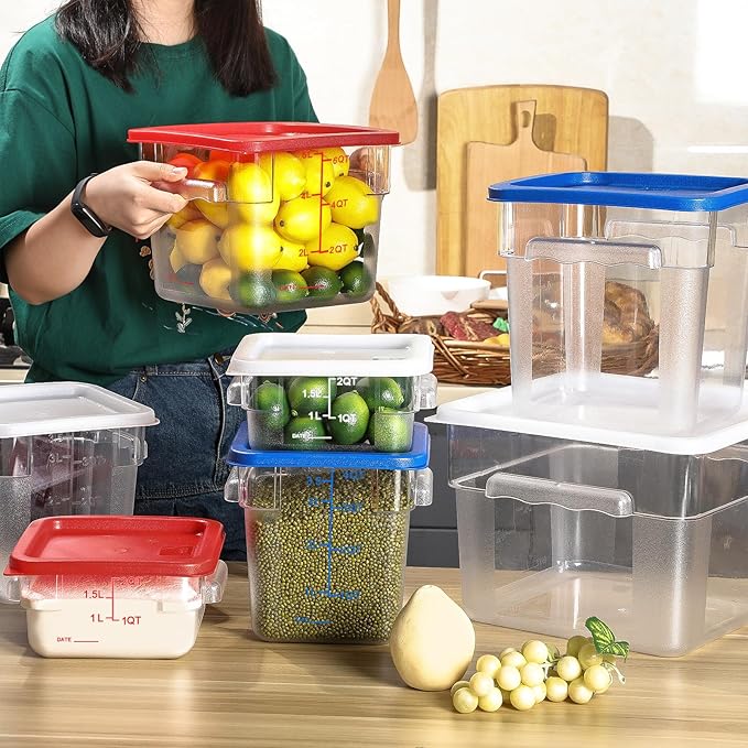 Maxcheck 4 Pcs 4qt Food Storage Container with Lids Bulk Clear Commercial Food Storage Bins with Scale Handle Space Saving Restaurant Tubs for Kitchen Prep Proof Dough Marinating Meat(Red)