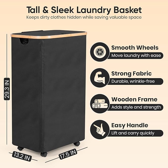Laundry Hamper with Wheels and Lid | 26 Gal (100L) laundry hamper with lid bamboo| Large Dirty clothes hamper | Bedroom hamper | clothes hamper-black