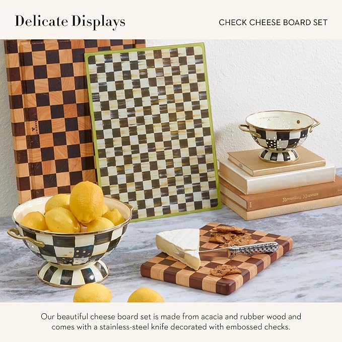 MACKENZIE-CHILDS Check Cheese Board Set, Wooden Cheese Board and Cheese Knife Set, 8- by 12-Inch Cutting Board with Knife
