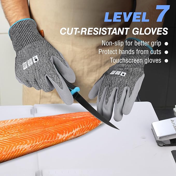 FLISSA 4-Piece Fish Fillet Set, Cleaning Kit - 7" Fillet Knife, Foldable Fish Board with Clamp, Knife Sharpener and Cut Resistant Gloves, Suitable for Easy Cleaning, Filleting and Cutting