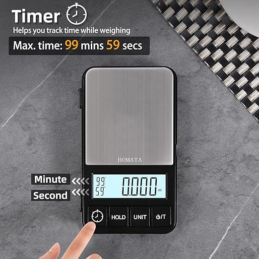 BOMATA 1000 g x 0.01 g Digital Scale with Timer, Mini Digital Small & Thin Travel Pocket Scale, Grams and Ounces with Silicone Mat, High Precision.. CS150 0.01 g