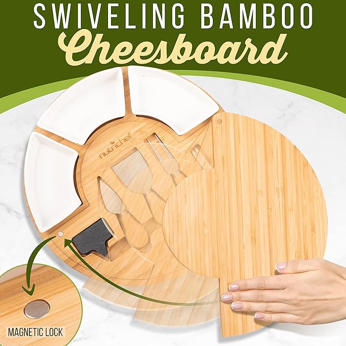 NutriChef Bamboo Natural Cheese Board Set with Bonus Condiment Cup-Extra Large Size 100% Home Organic Wooden Plate and Charcuterie Tray with 4 pcs Cutting Knife Slicer, 13" Round