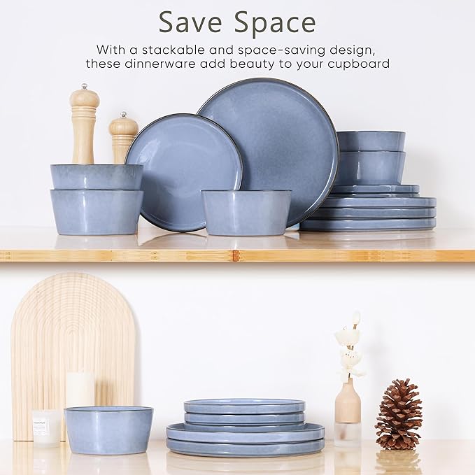 Herogo 12-Piece Stoneware Dinnerware Set for 4, Dinner Plates and Bowls Sets, Double Reactive Glaze Dishware Place Setting for Kitchen, Scratch Resistant, Microwave Safe, Haze Blue