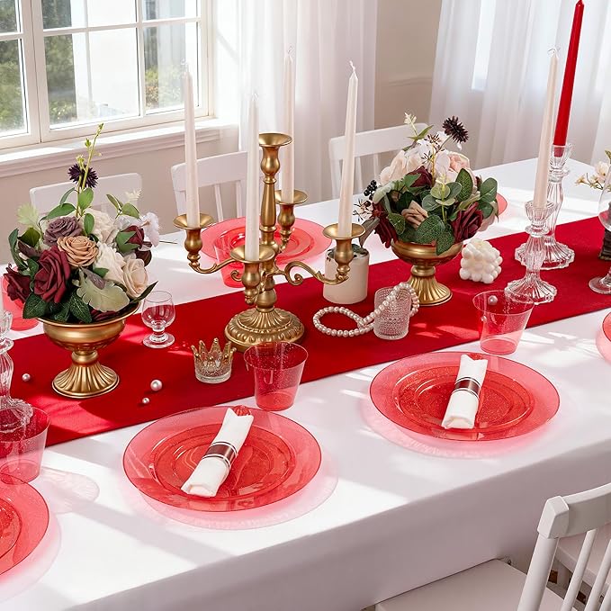 DaYammi 210PCS Red Glitter Plastic Dinnerware Set for 30 Guests, Fancy Disposable Plates for Christmas, Include: 30 Dinner Plates, 30 Dessert Plates, 30 Pre Rolled Napkins with Red Silverware, 30 Cups