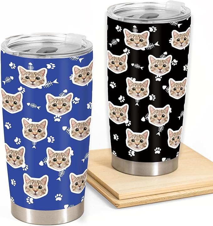 FunStudio Personalized Cat Face Tumbler with Pictures Kitty Pet Paw Custom Tumblers Coffee Travel Mug Cup Gift for Men Women, 20 Oz Insulated Stainless Steel