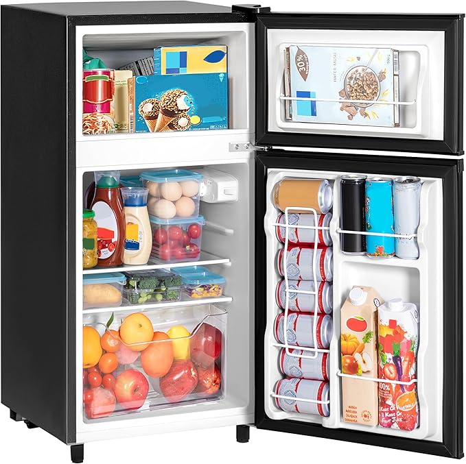 Double Door Refrigerator with Freezer, 3.5 Cu.Ft, Small Fridge with Freezer, 7 Settings Temperature Adjustable, Mini Refrigerator for Office and Apartment Bedroom Dorm(3.5 Cu.Ft, Black)