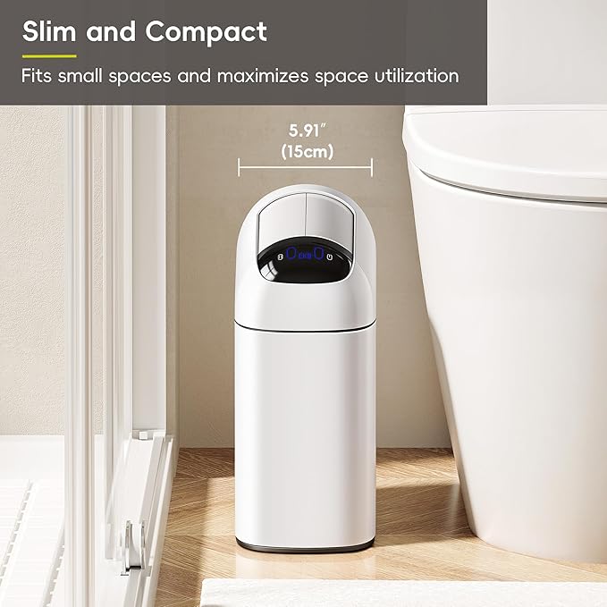 EKO Astro Slim Sensor Trash Can, 10L / 2.6 Gallon Touchless Garbage Bin with Soft-Close Butterfly Lid, Motion Sensor Stainless Steel Garbage Can for Bathroom, Kitchen, Office, Matte White, Waterproof