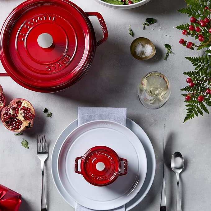 STAUB Cast Iron Dutch Oven 4-qt Round Cocotte, Made in France, Serves 3-4, Cherry