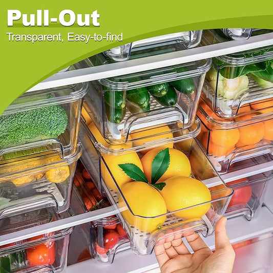 6-Pack Fridge Drawer Organizer, Pull-out Stackable Refrigerator Organizers and Storage, Clear Fruit Storage Containers Bins with Drain Tray for Kitchen Cabinet, Pantry Organization