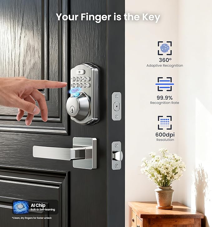Veise VE012W-L Built-in WiFi Fingerprint Smart Lock with Lever Handle Set, App Remote Control, Keyless Entry for Front Door, Deadbolt Digital Backlit Keypad, Voice Assistant, Auto Lock, Satin Nickel