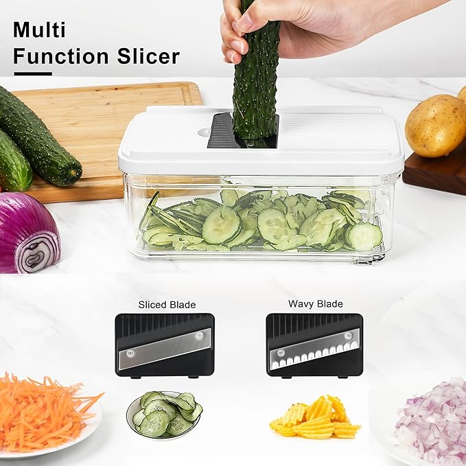 Vegetable Chopper, Professional Food Chopper & Mandoline Slicer with 7 Blades and 900mL Container, Kitchen Gadgets & Home Essentials (White)
