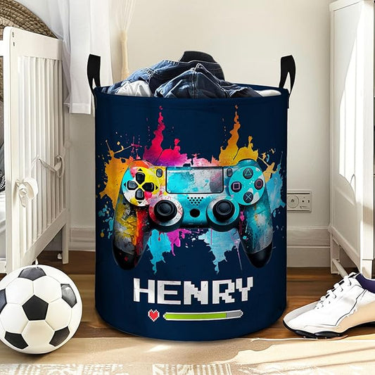 callie Personalized Game Hamper Laundry Basket Toy Storage for Boys, Waterproof Collapsible Dirty Clothes Bin for Kids Bedroom, Gifts for Gamer (13.8" x 16.5", 15.7" x 19.6")