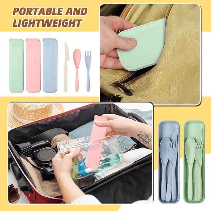 Jinei 50 Sets Reusable Travel Utensils Set with Case Wheat Straw Cutlery Portable Spoon Knife Forks Lunch Box Accessories Friendly Tableware for Kids Adults Camping Utensils(Bright)