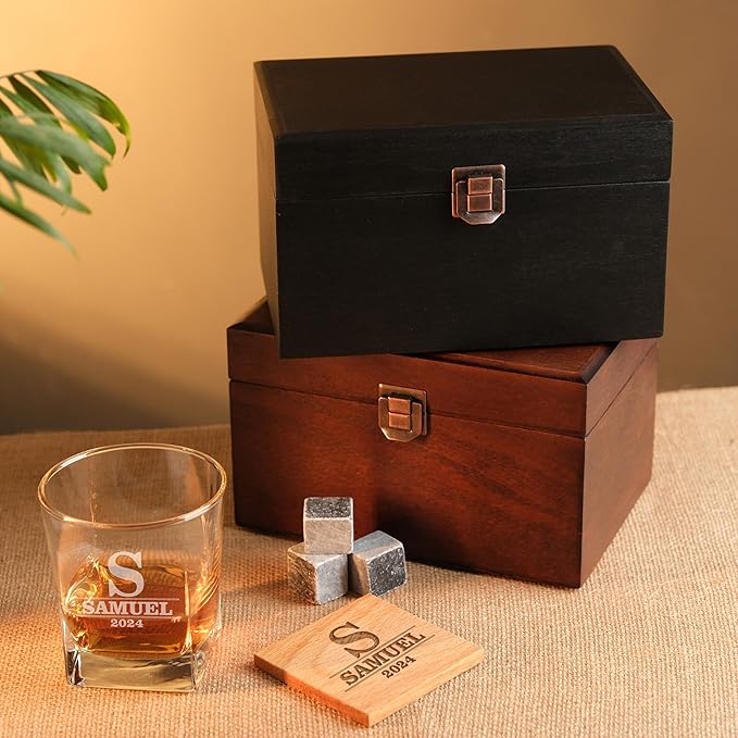 Personalized Whiskey Glasses Set with Custom Whiskey Glasses - Personalized Gifts for Men, Gifts With Engraved Wooden Box and Whiskey Stones