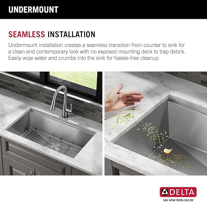 DELTA FAUCET DELTA Rivet 32-Inch Workstation Kitchen Sink Undermount 16 Gauge Stainless Steel Single Bowl with WorkFlow Ledge and Chef’s Kit of 6 Accessories, 95B931-32S-SS