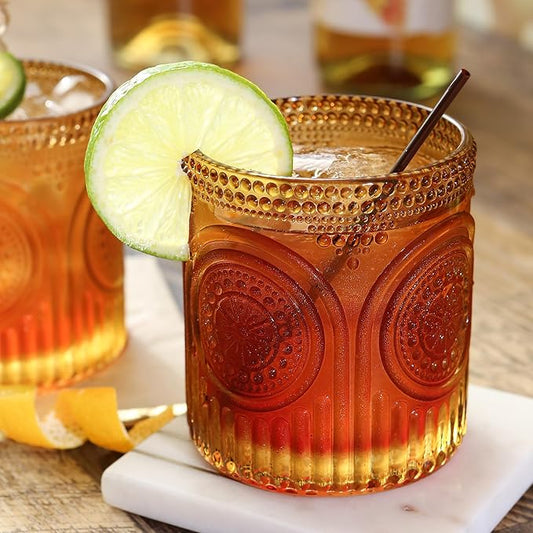 Kate Aspen Vintage Amber Drinking Glasses Set of 6 10 oz Ribbed Glassware for Drinking Water, Juice, Cocktail Glasses - Ribbed Glass Cups Set, Iced Coffee Cup, Kitchen Drinkware or Home Bar