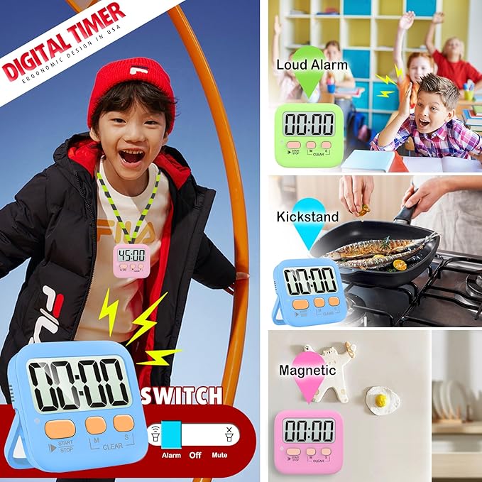 Antonki 2 Pack Digital Timer for Kids, Magnetic Countdown Kitchen Timers for Cooking, Egg, Classroom, Teacher, Exercise, Study, Oven - Battery Included
