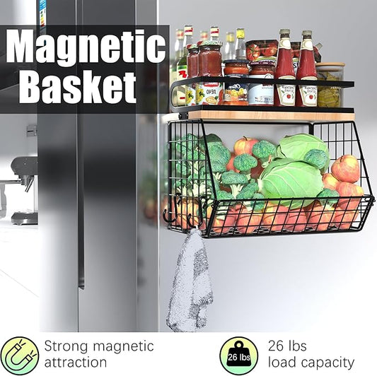 home Magnetic Shelf for Fridge with Wood Lid, Large Container Magnetic Spice Rack for Refrigerator,Fruit Potato and Onion Storage Bins, Pantry Organizers & Storage, Kitchen Counter, Cabinet